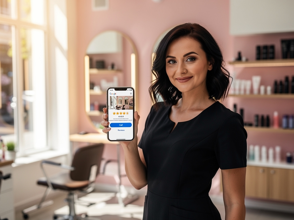 Fryzjer w salonie z telefonem pokazującym profil firmy