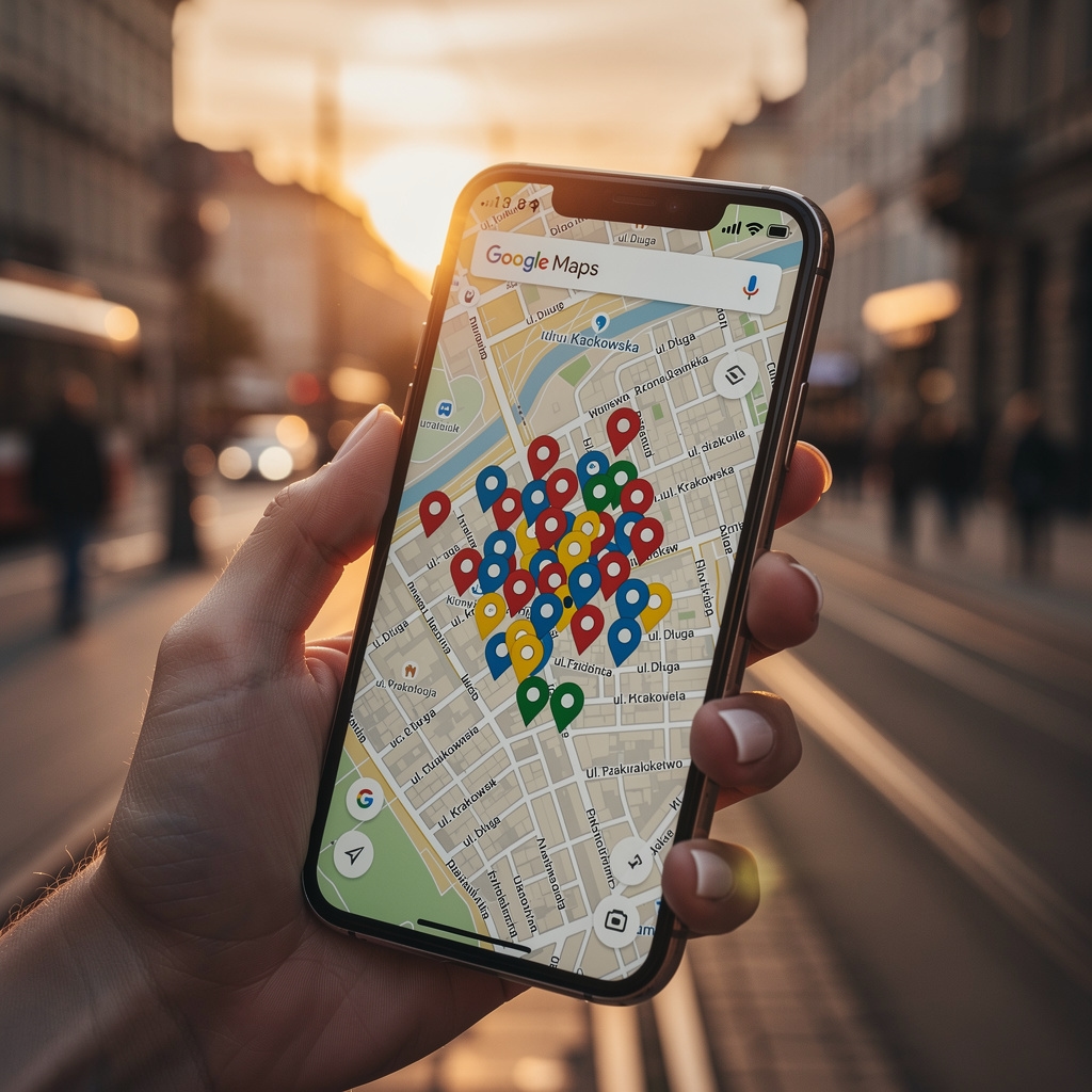 Mapa Google z zaznaczonymi lokalnymi punktami usługowymi