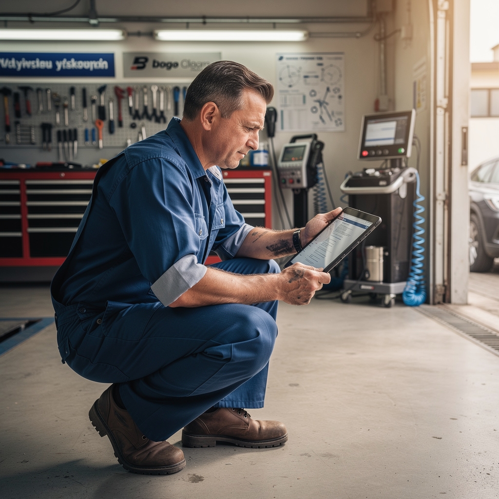 Mechanik samochodowy korzystający z tabletu w garażu